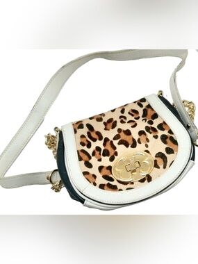 EUC Emma Fox White Leather & Leopard Calf Hair Gold Crossbody Shoulder Handbag